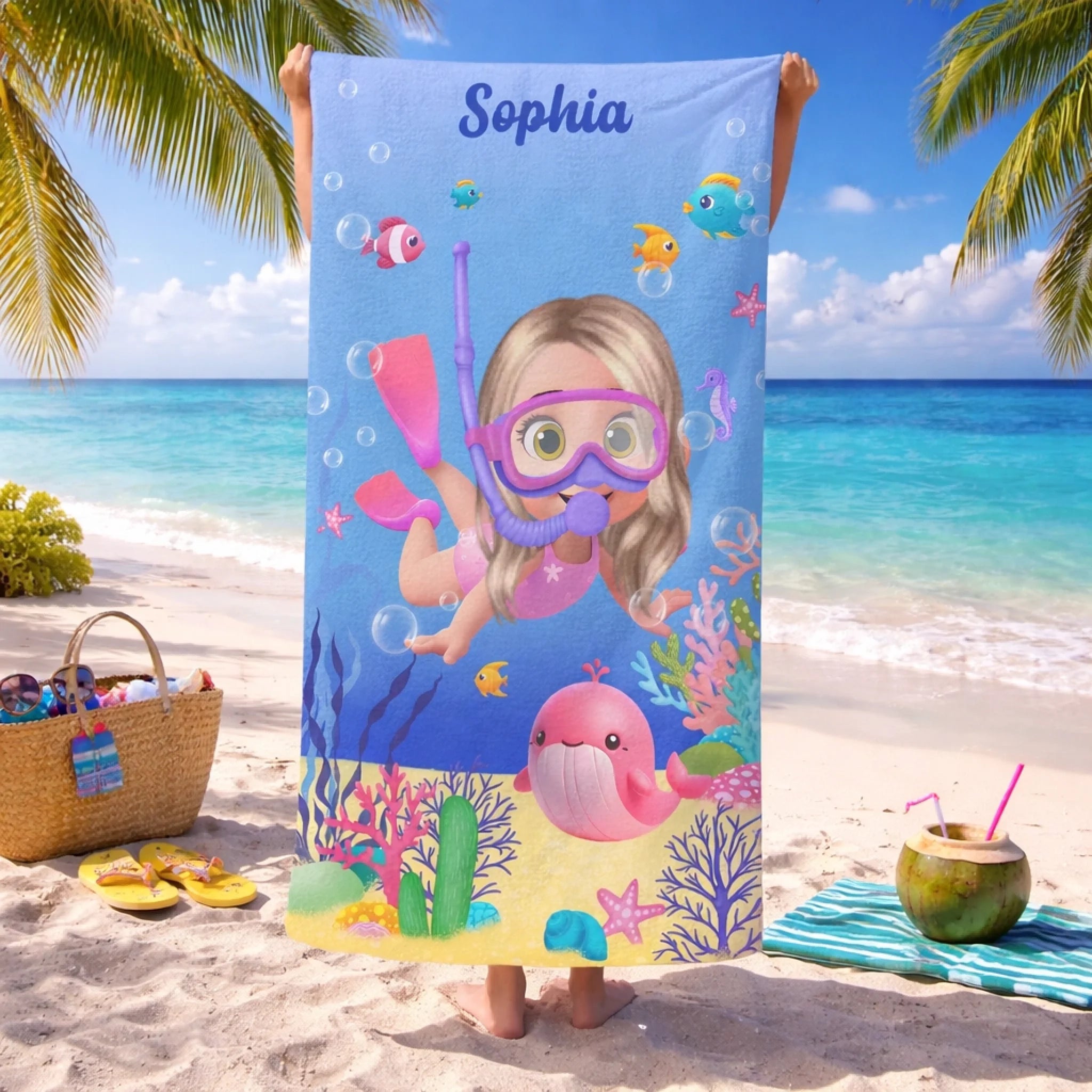 Cute Diving Kid Sea Animal Customized Beach Towel - Personalized Cartoon Characters And Name - Vacation Gift