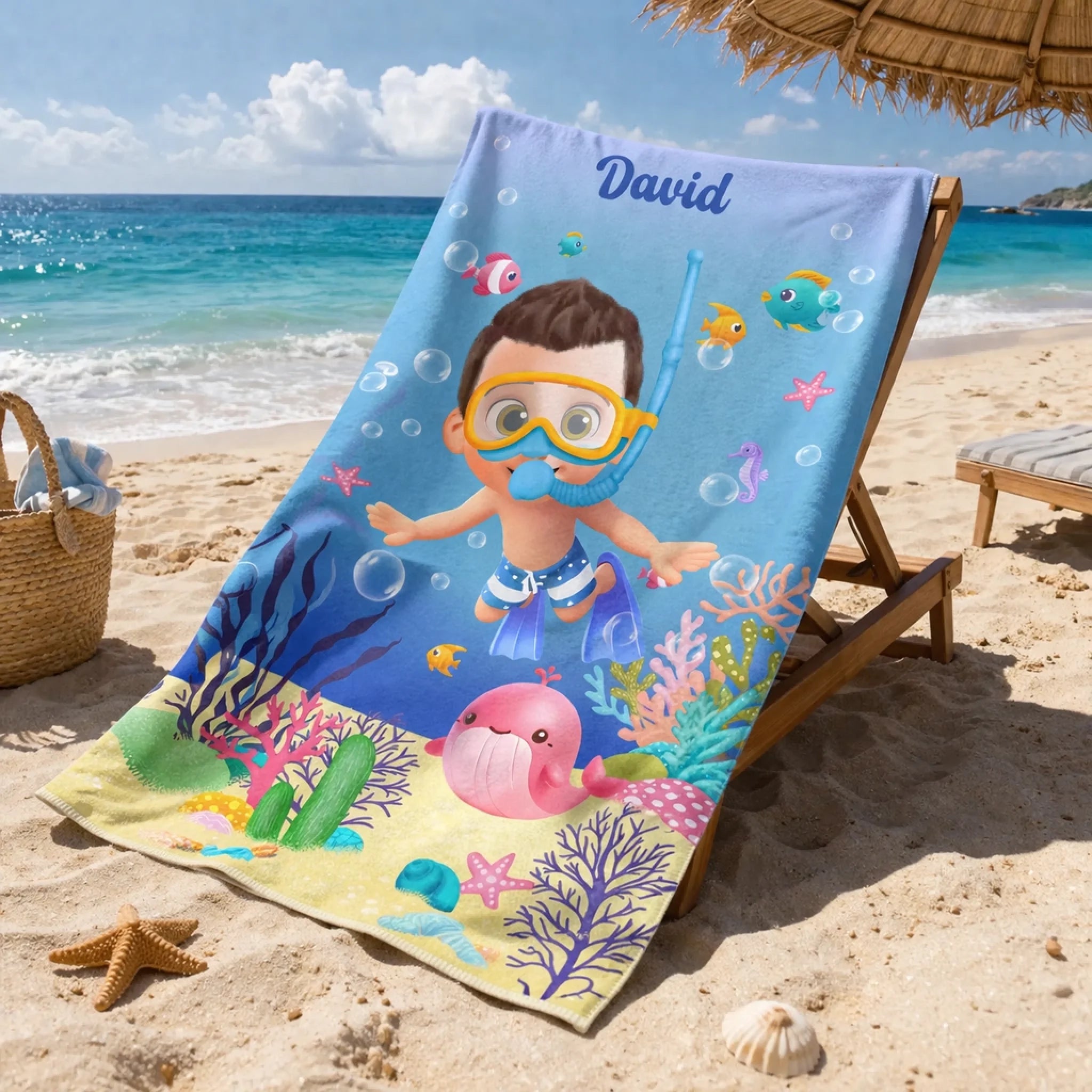 Cute Diving Kid Sea Animal Customized Beach Towel - Personalized Cartoon Characters And Name - Vacation Gift
