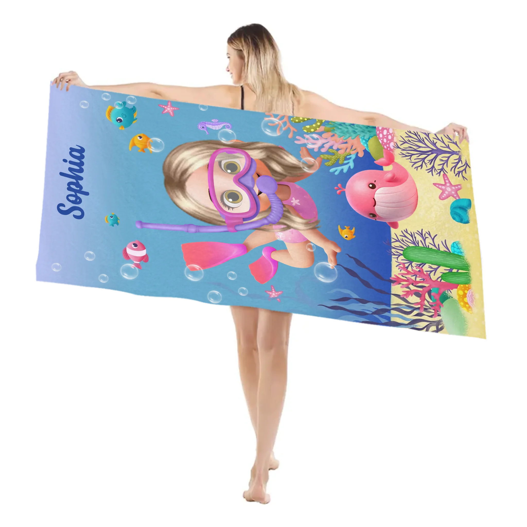 Cute Diving Kid Sea Animal Customized Beach Towel - Personalized Cartoon Characters And Name - Vacation Gift