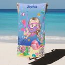 Cute Diving Kid Sea Animal Customized Beach Towel - Personalized Cartoon Characters And Name - Vacation Gift