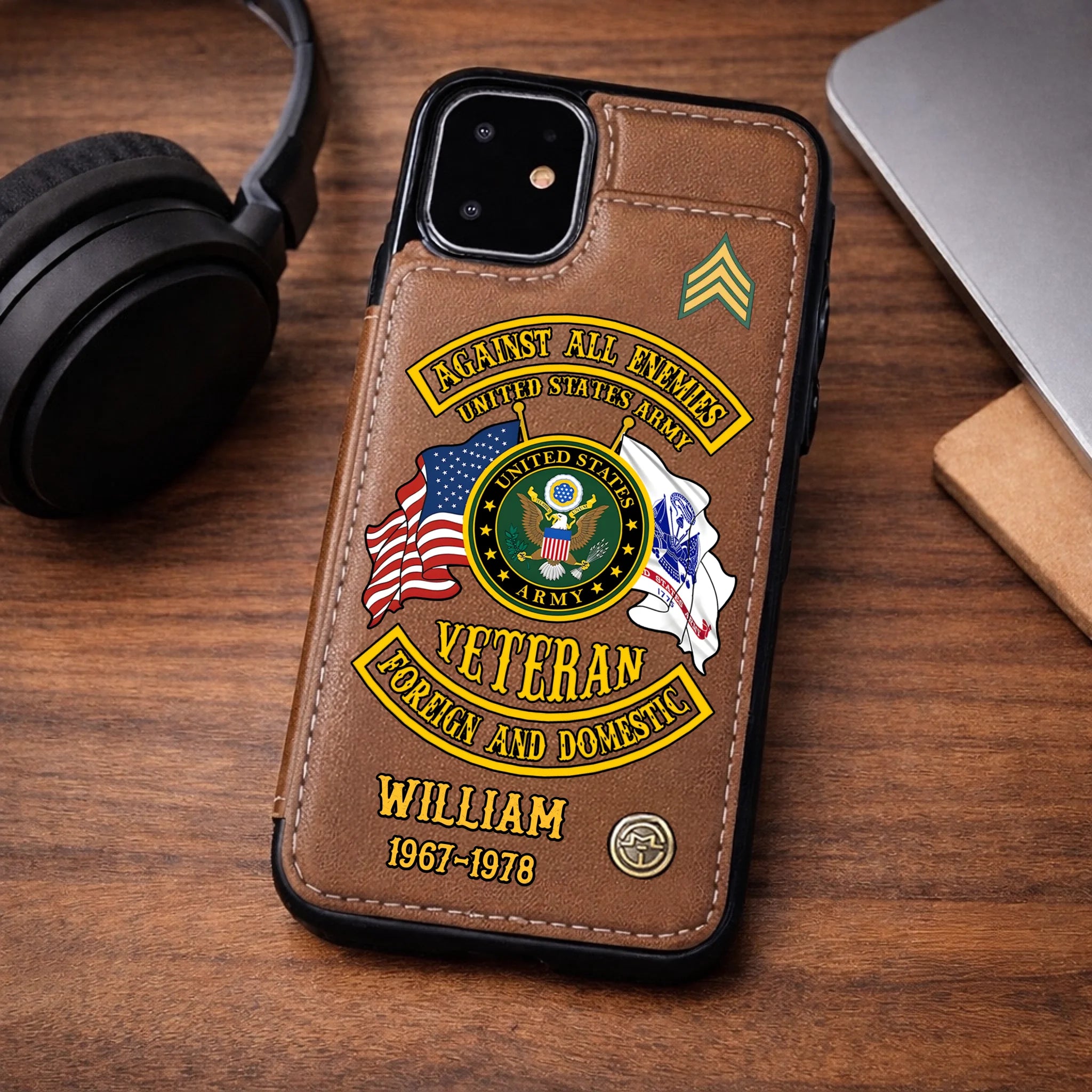 Against All Enemies Customized Military Wallet Phone Case - Personalized Rank, Name And Year - Patriotic Gift For Veterans
