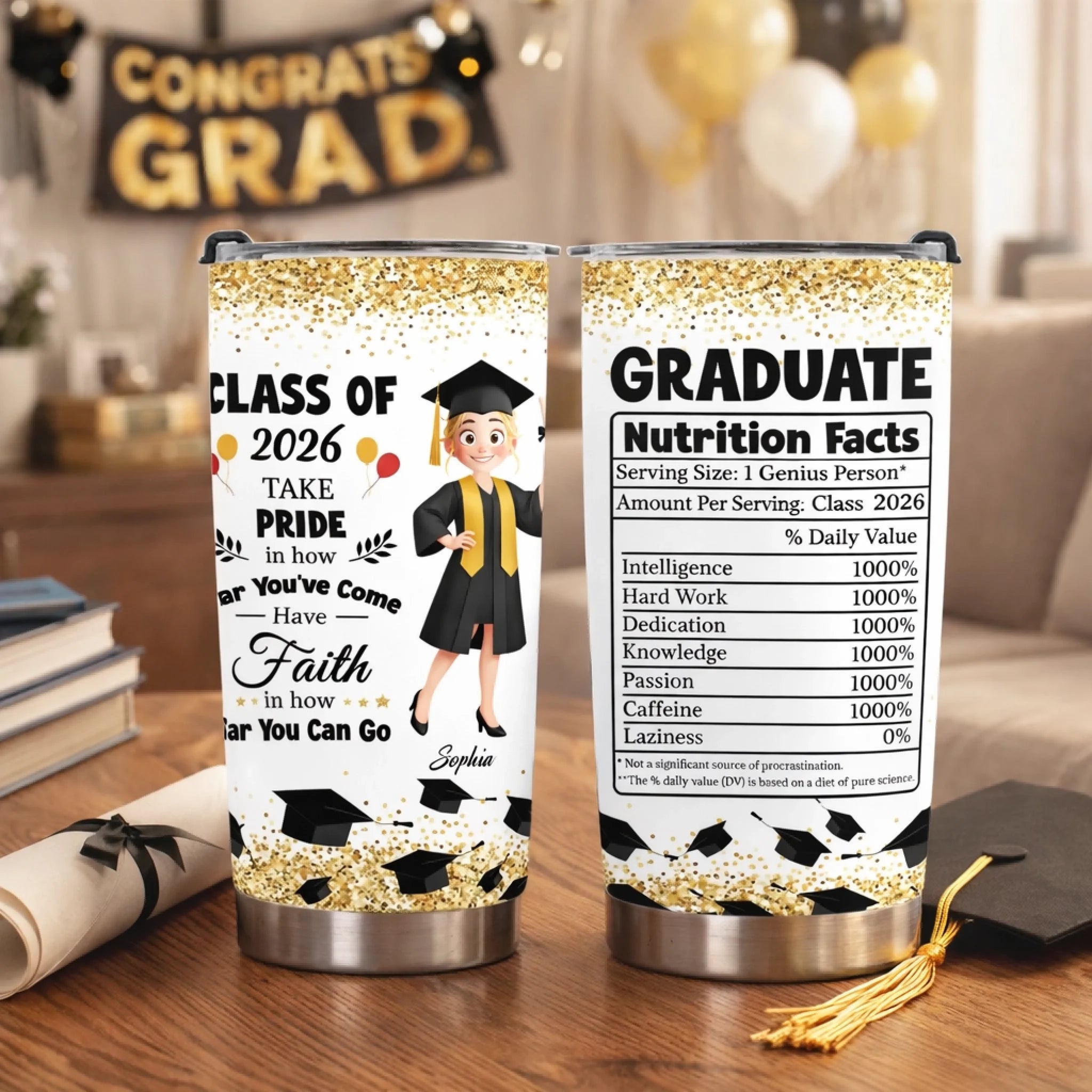 Graduation Nutrition Fact New Version Customized Thermos Cup - Personalized Cartoon Characters And Names - Funny Gift For Graduate