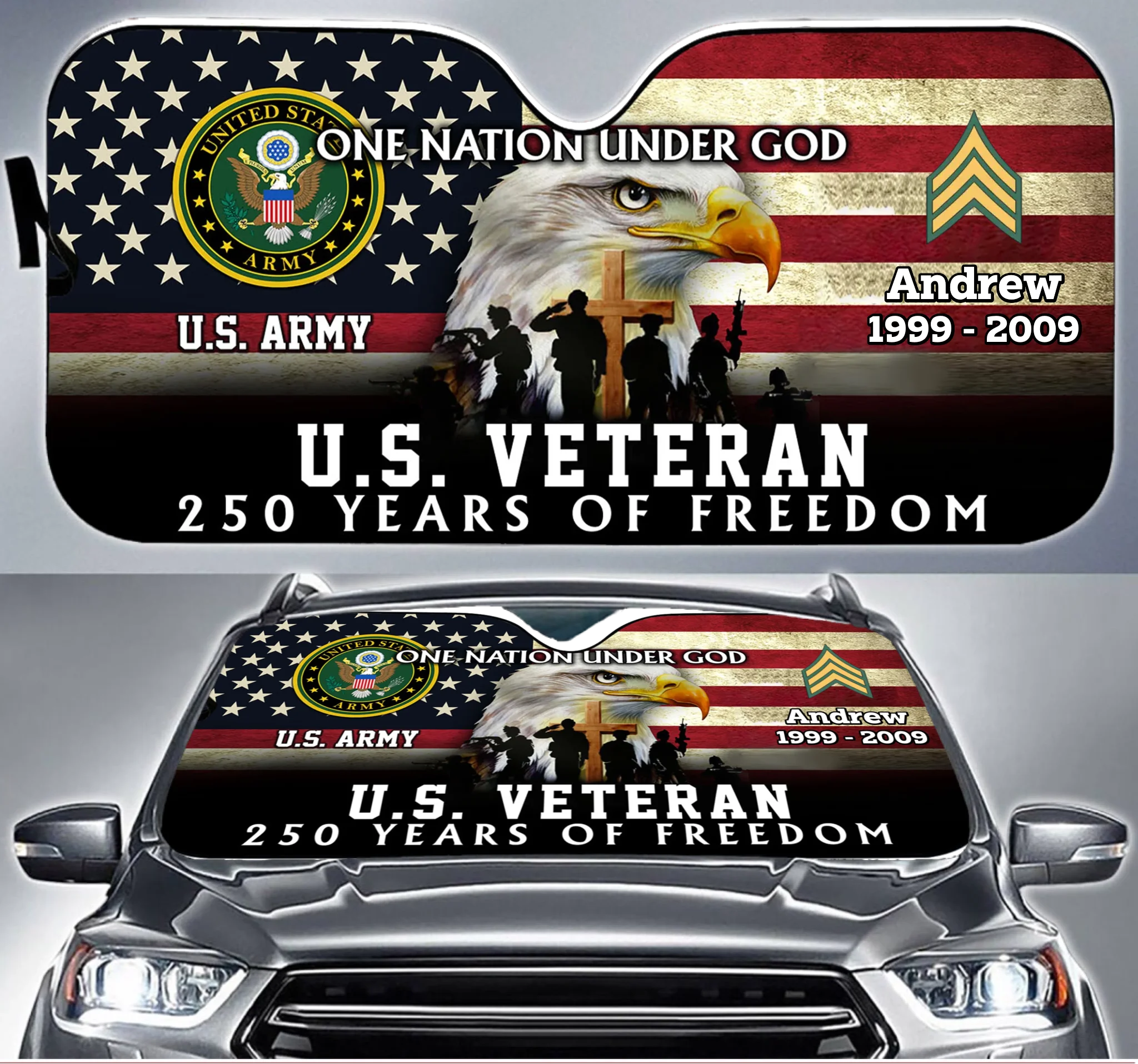 250 Years Of Freedom Customized Military Car Sunshade - Personalized Branch, Name And Dates - Car Decoration Gift For Soldiers, Veterans
