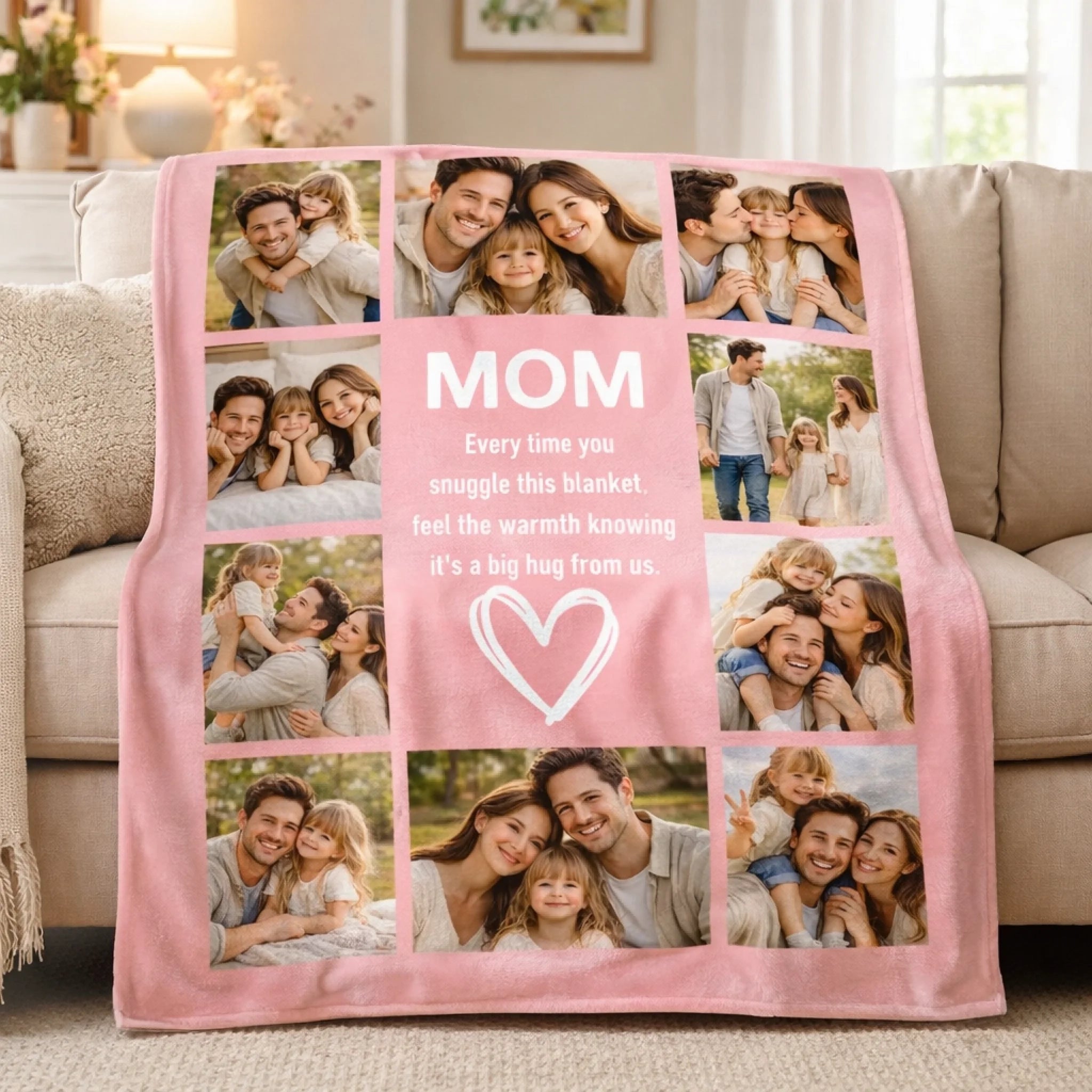 Customized Family Photos Flower Heart Soft Throw Blanket – Personalized Photos And Nickname – Home Decor Gift For Family