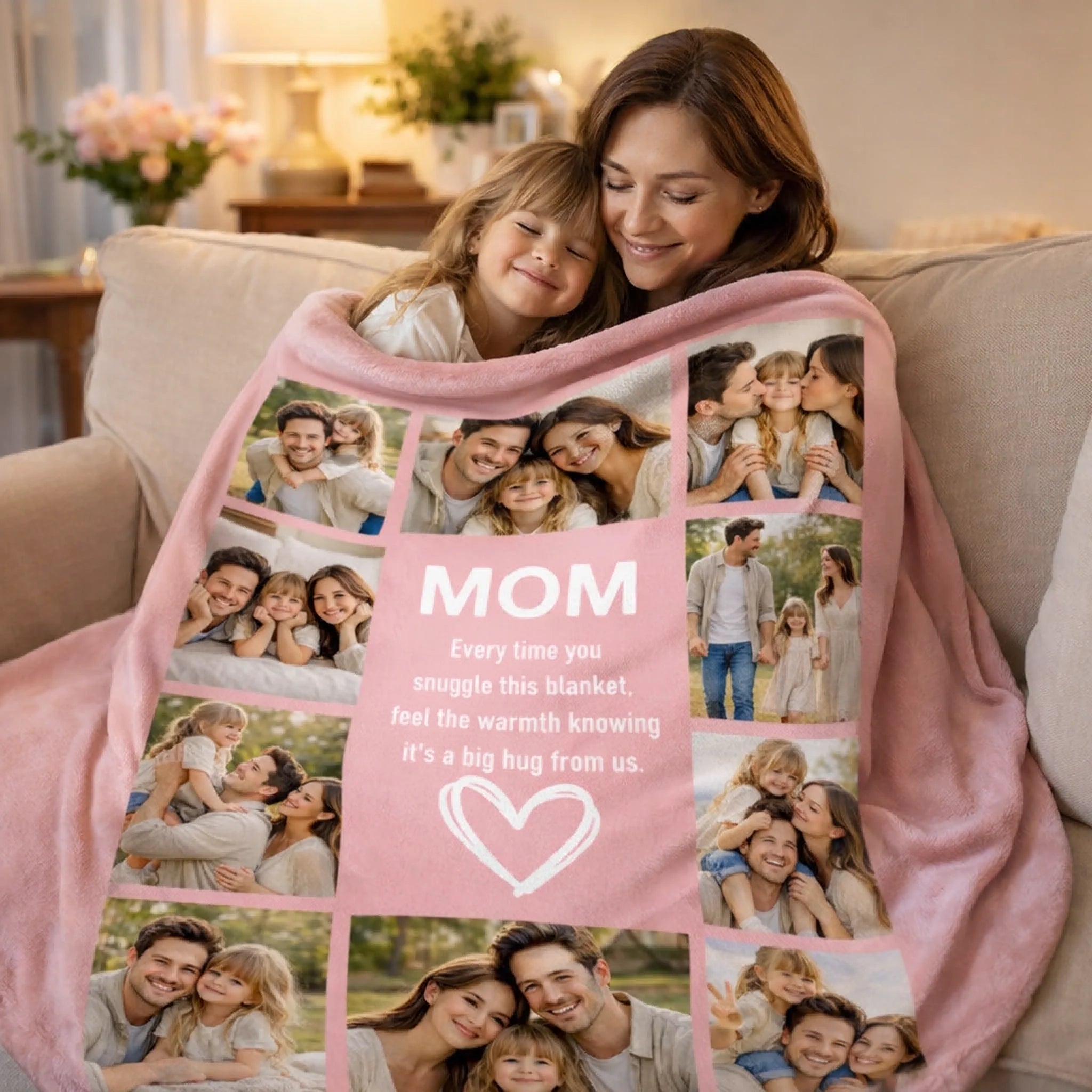 Customized Family Photos Flower Heart Soft Throw Blanket – Personalized Photos And Nickname – Home Decor Gift For Family