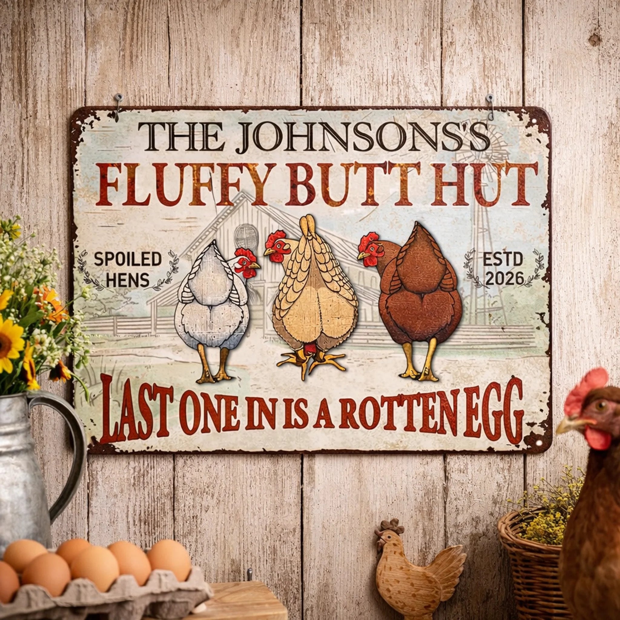 Chicken Fluffy Butt Hut Nuggets Customized Painting - Personalized Name And Year Metal Sign - Gift For Family, Friends