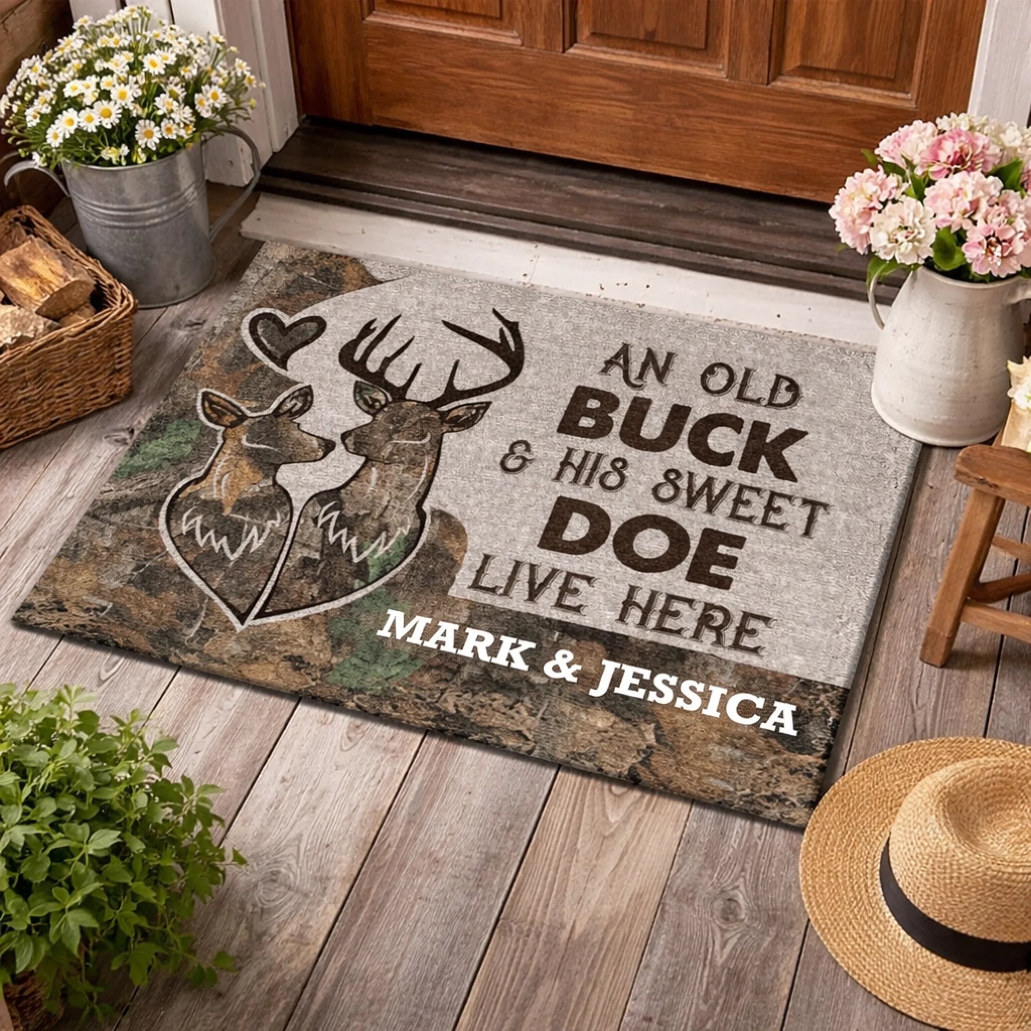Deer Camo Old Buck Sweet Doe Customized Doormat - Personalized Names  - Home Decoration Gifts