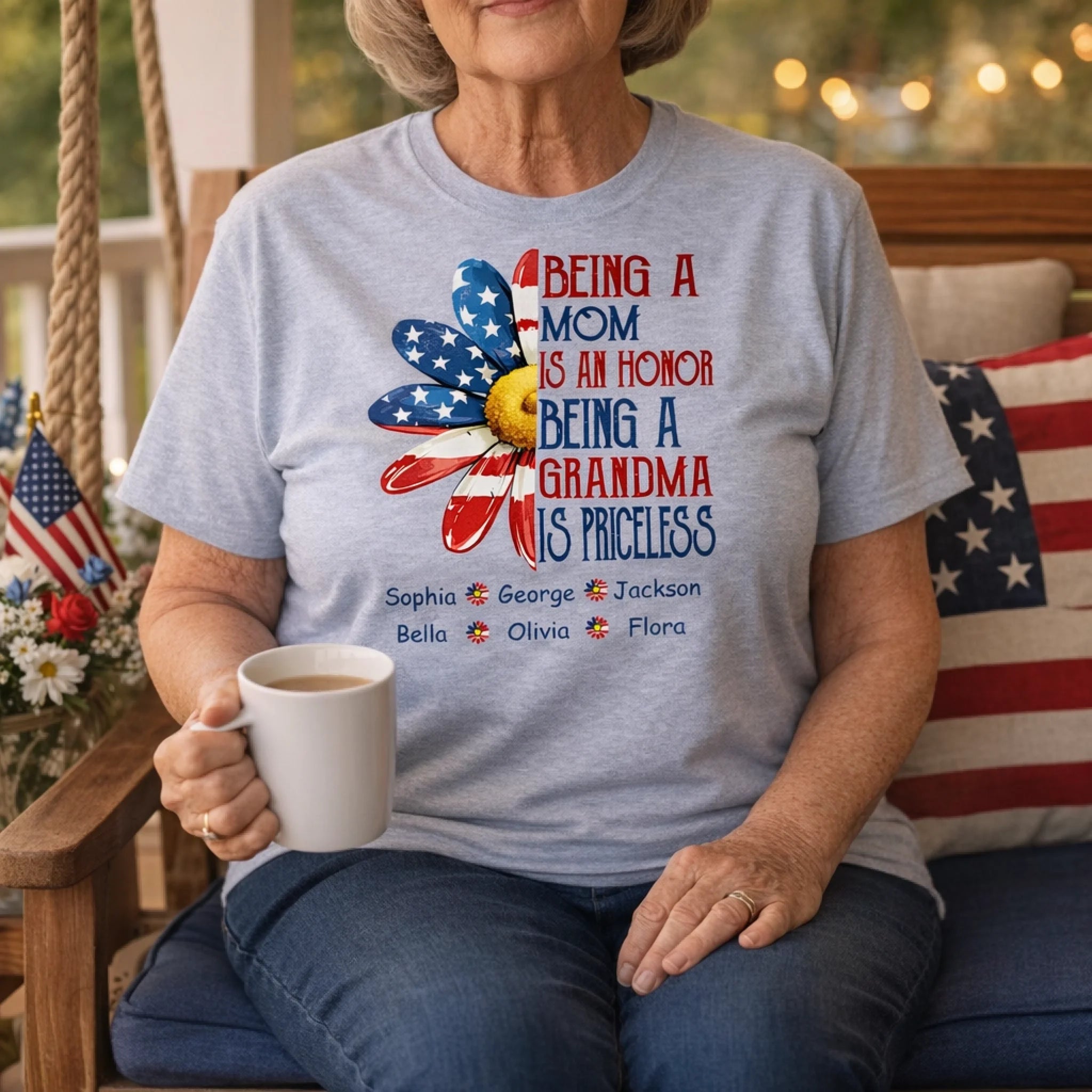 Being a Mom Is an Honor Grandma Is Priceless Patriotic Flower Customized Clothing - Personalized Kids Names - Gifts For Grandma