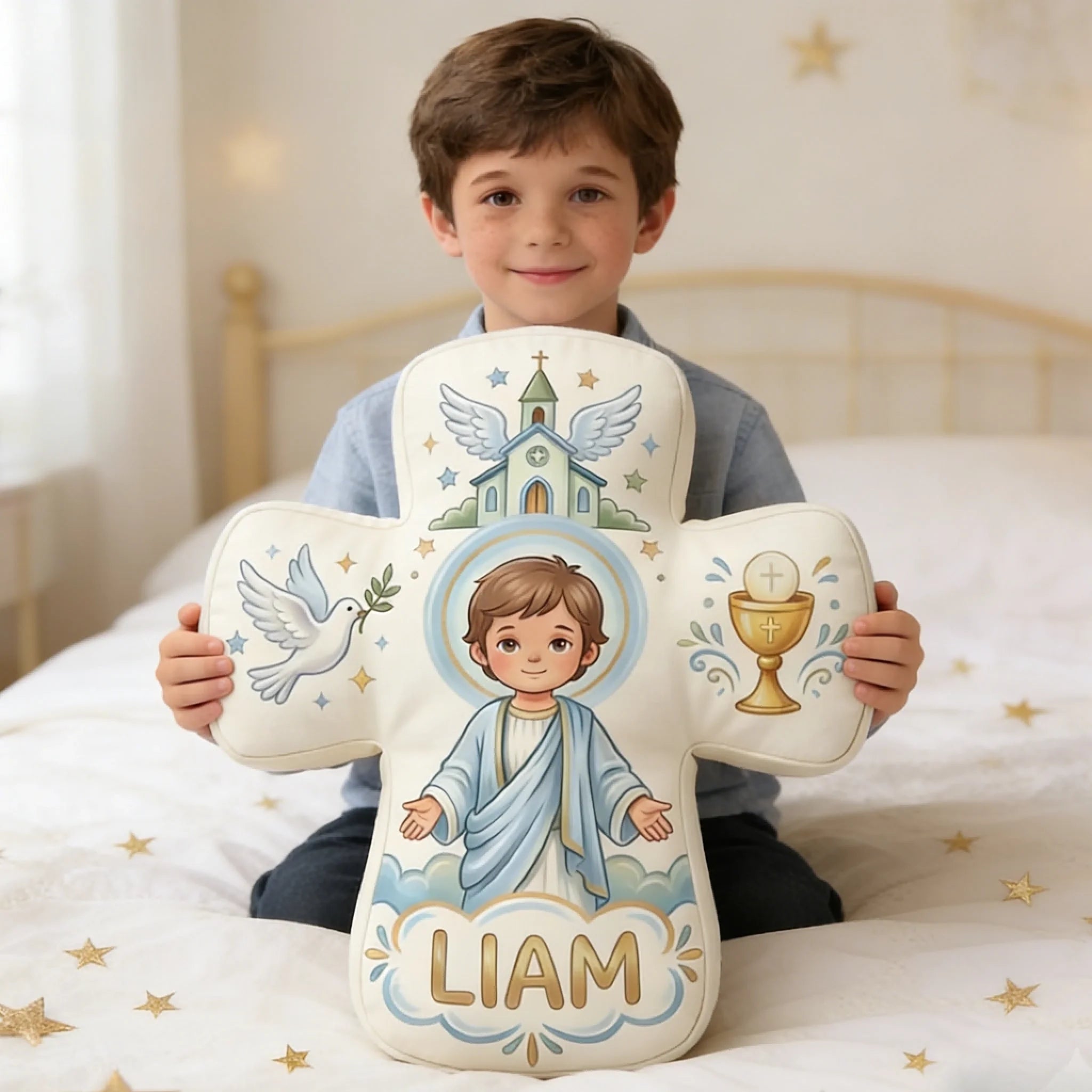 Customized Virgin Mary Cross Plush Pillow – Personalized Name And Gender – Gift First Communion Christian, Kids