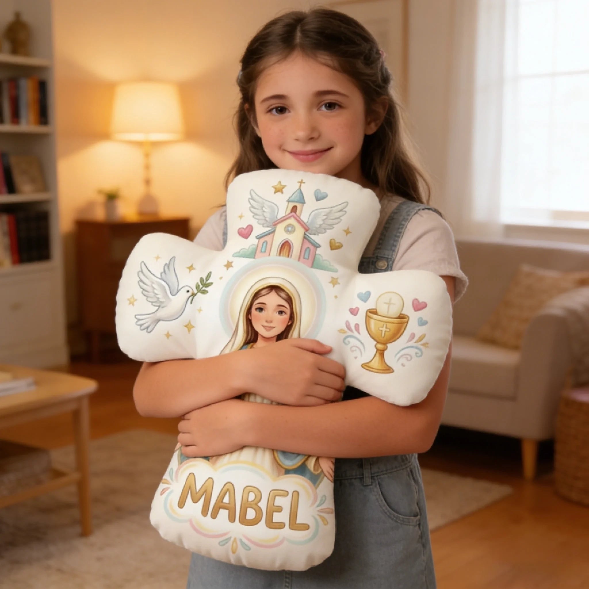 Customized Virgin Mary Cross Plush Pillow – Personalized Name And Gender – Gift First Communion Christian, Kids