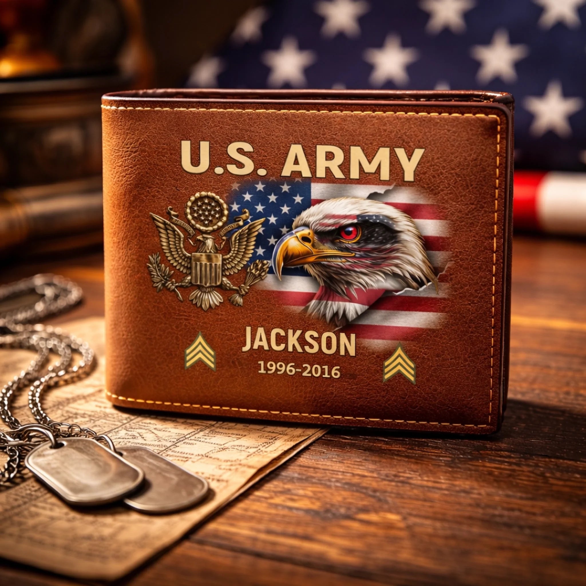 Customized Military-themed Wallet - Personalized Name, Service Year and Branch Leather Wallet - Gift for Veterans/Military Personnel