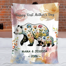 Floral Mom-Kid Bear Customized Soft Throw Blanket – Personalized Title, Text And Year – Home Decor Mother's Day Gift