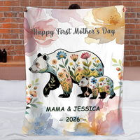 Floral Mom-Kid Bear Customized Soft Throw Blanket – Personalized Title, Text And Year – Home Decor Mother's Day Gift