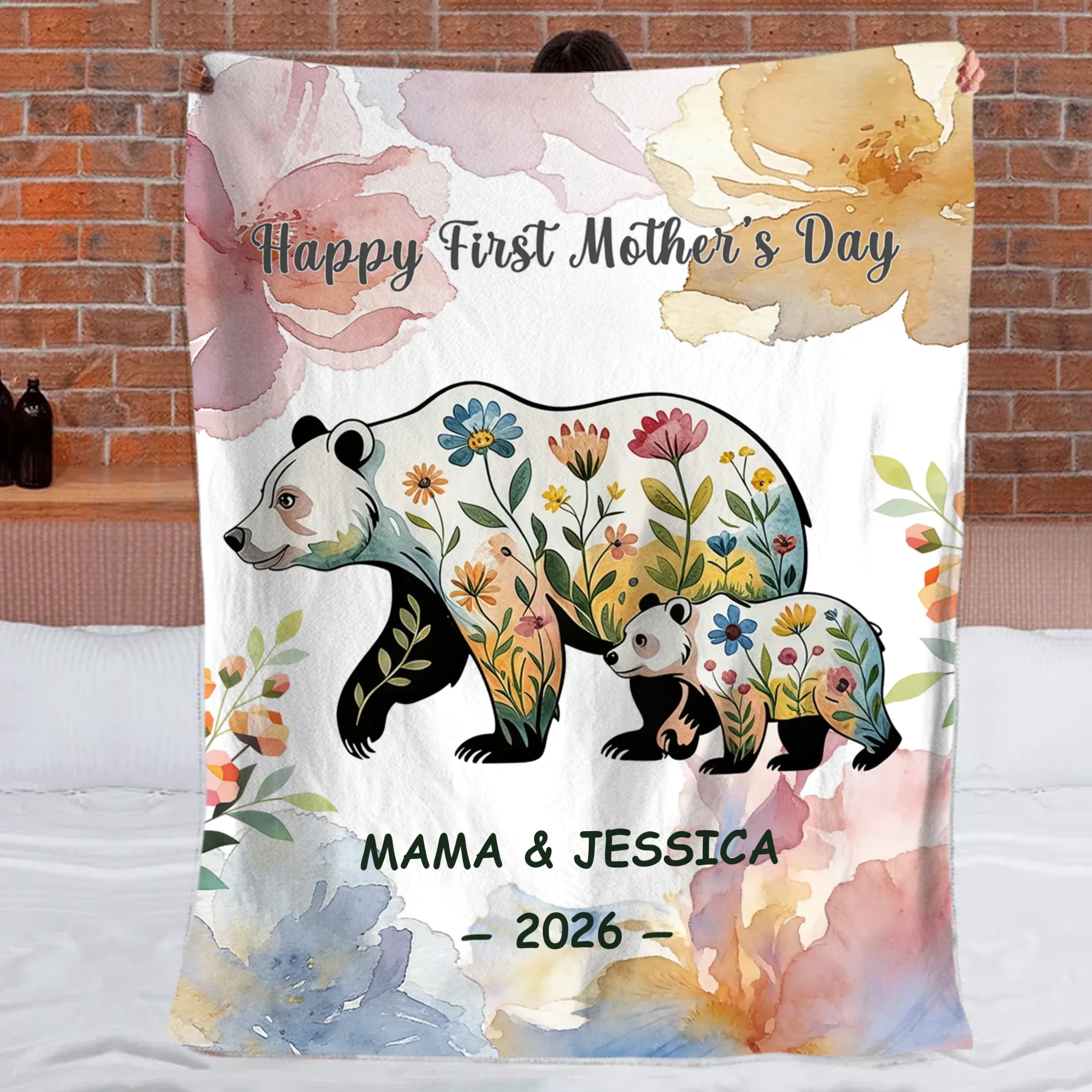 Floral Mom-Kid Bear Customized Soft Throw Blanket – Personalized Title, Text And Year – Home Decor Mother's Day Gift