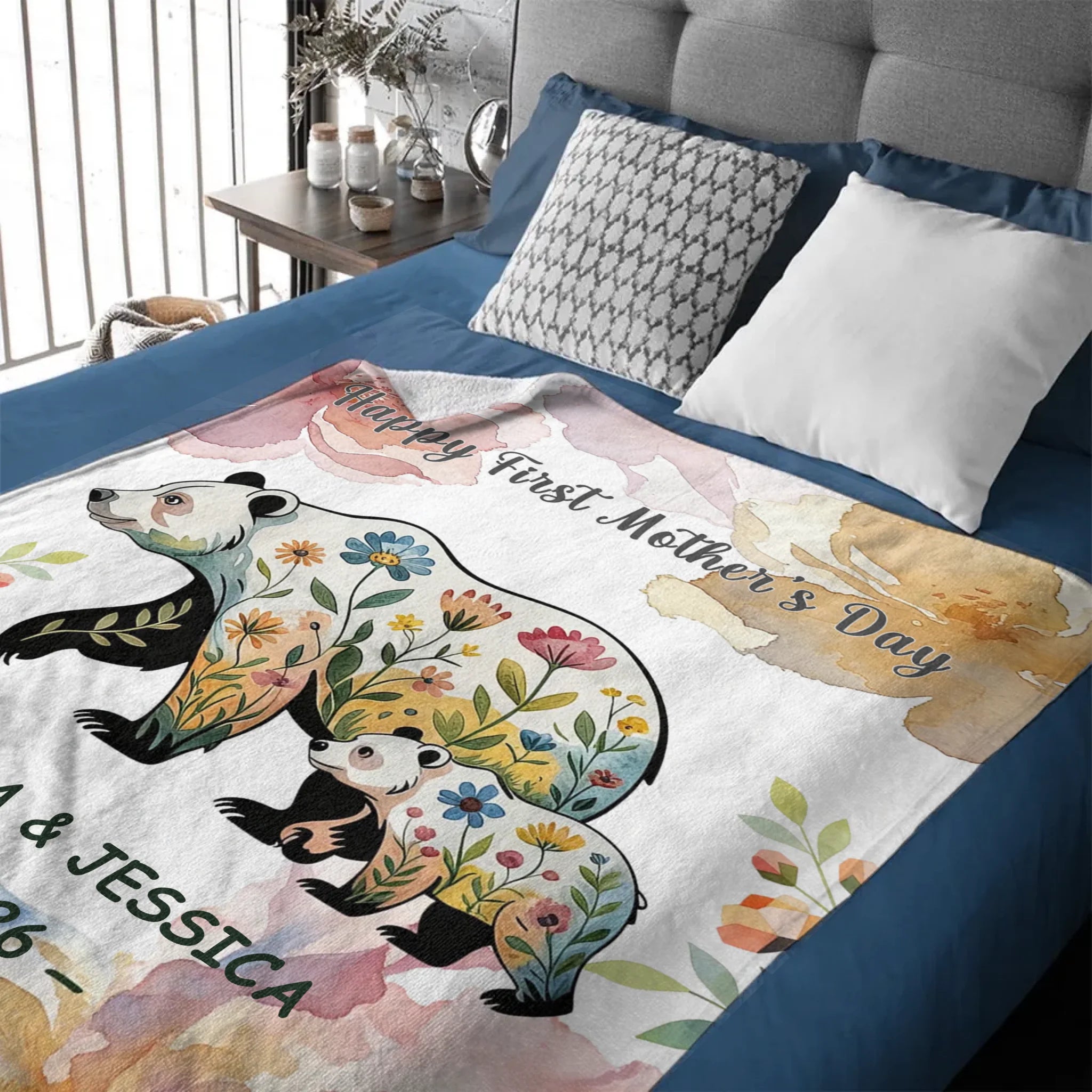Floral Mom-Kid Bear Customized Soft Throw Blanket – Personalized Title, Text And Year – Home Decor Mother's Day Gift