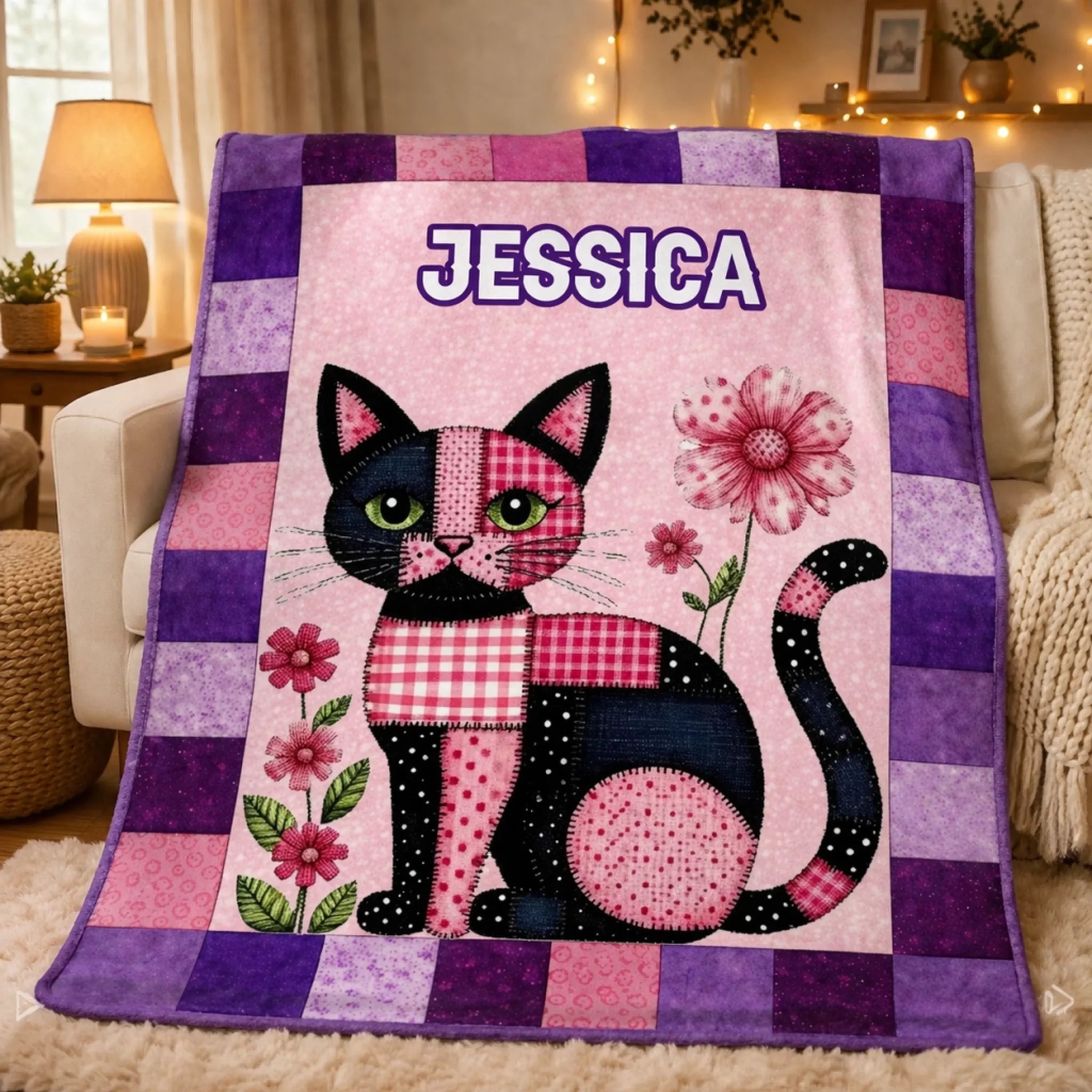 Custom Patchwork Cat Floral Blanket - Personalized Name Cute Quilted Cat Design - Gift for Cat Lovers, Daughter, Granddaughter, Friends