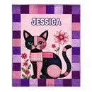 Custom Patchwork Cat Floral Blanket - Personalized Name Cute Quilted Cat Design - Gift for Cat Lovers, Daughter, Granddaughter, Friends