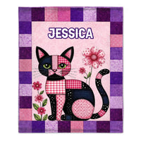 Custom Patchwork Cat Floral Blanket - Personalized Name Cute Quilted Cat Design - Gift for Cat Lovers, Daughter, Granddaughter, Friends