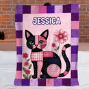 Custom Patchwork Cat Floral Blanket - Personalized Name Cute Quilted Cat Design - Gift for Cat Lovers, Daughter, Granddaughter, Friends