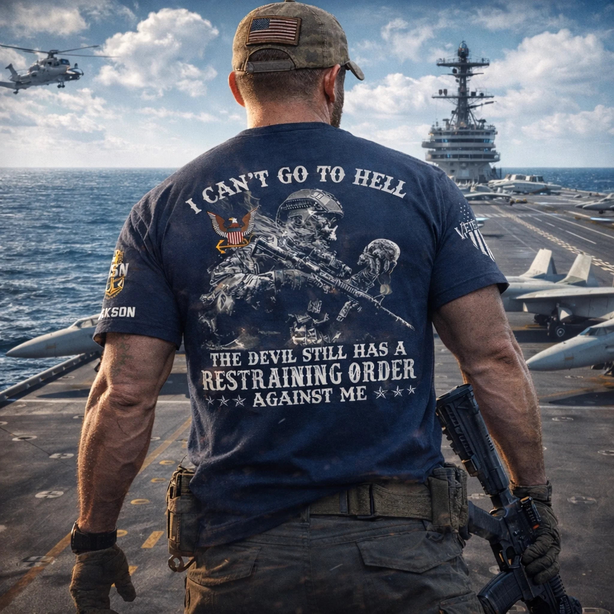 I Can't Go To Hell The Devil Still Has A Restraining Order Against Me Customized Clothing - Personalized Military Branch And Name - Gift For Veteran, soldiers