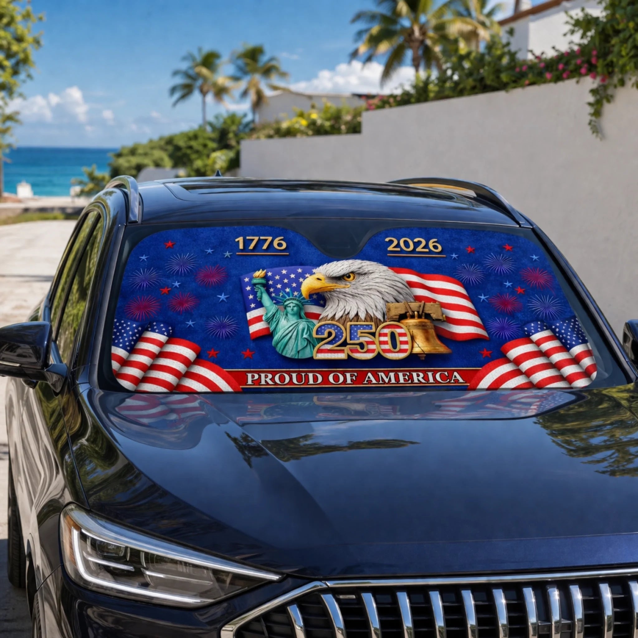 America 250th Anniversary Customized Military Car Sunshade - Personalized Text - Car Decoration Gift For Soldiers, Veterans, Patriot