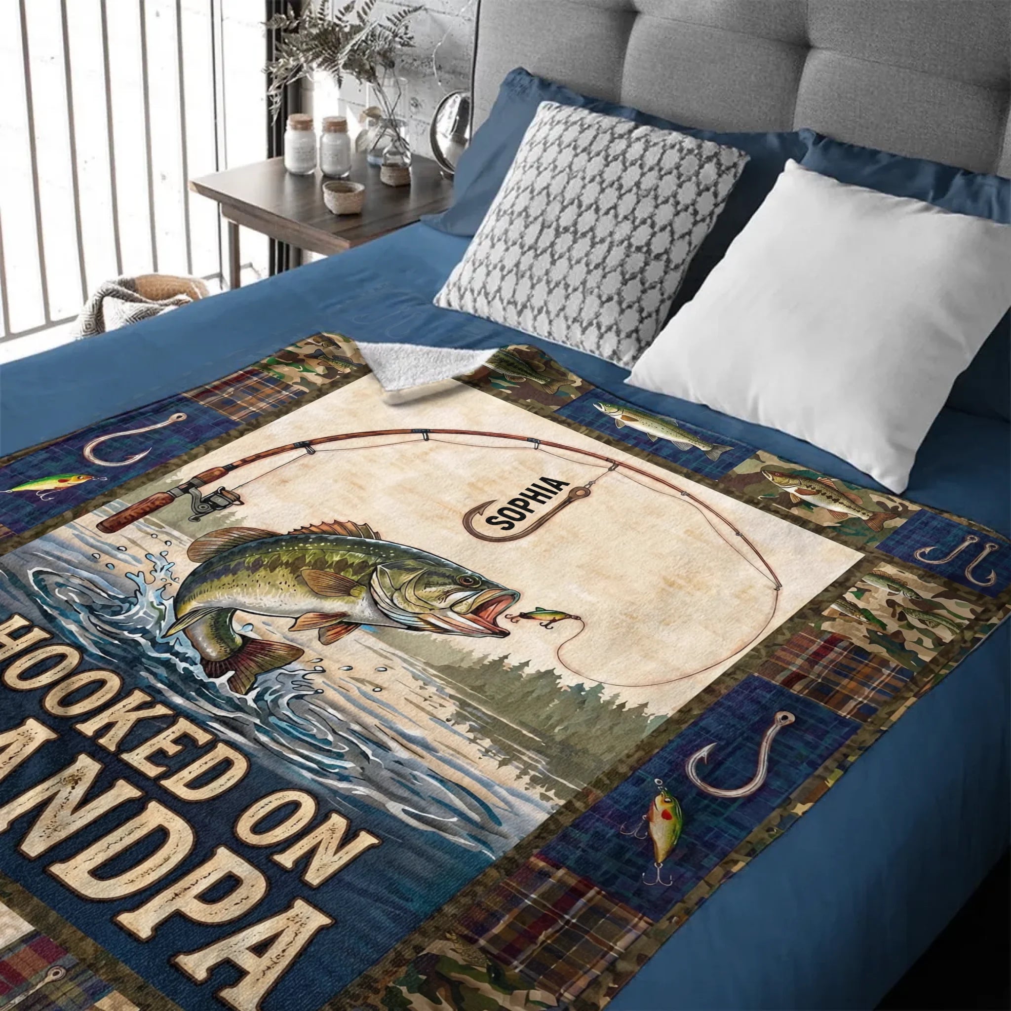 Hooked Catch Customized Blanket - Personalized Kid's Name - Gift For Grandpa