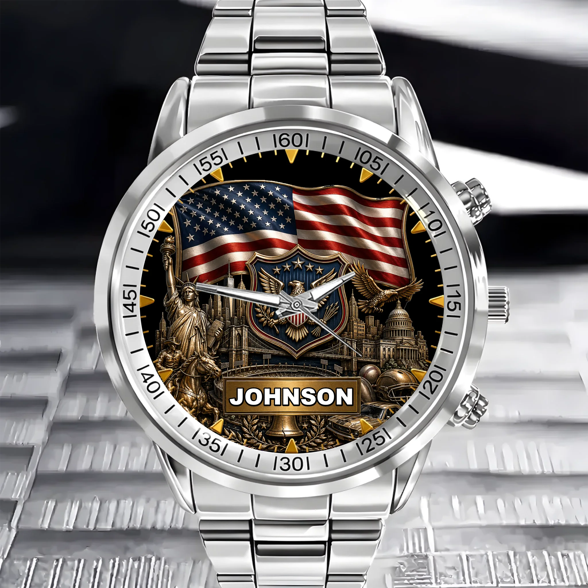 Custom American Heritage Watch - Personalized Name Flag & Eagle Emblem - Gift for Veterans, Patriotic Men, Soccer Fans, Sports Enthusiasts