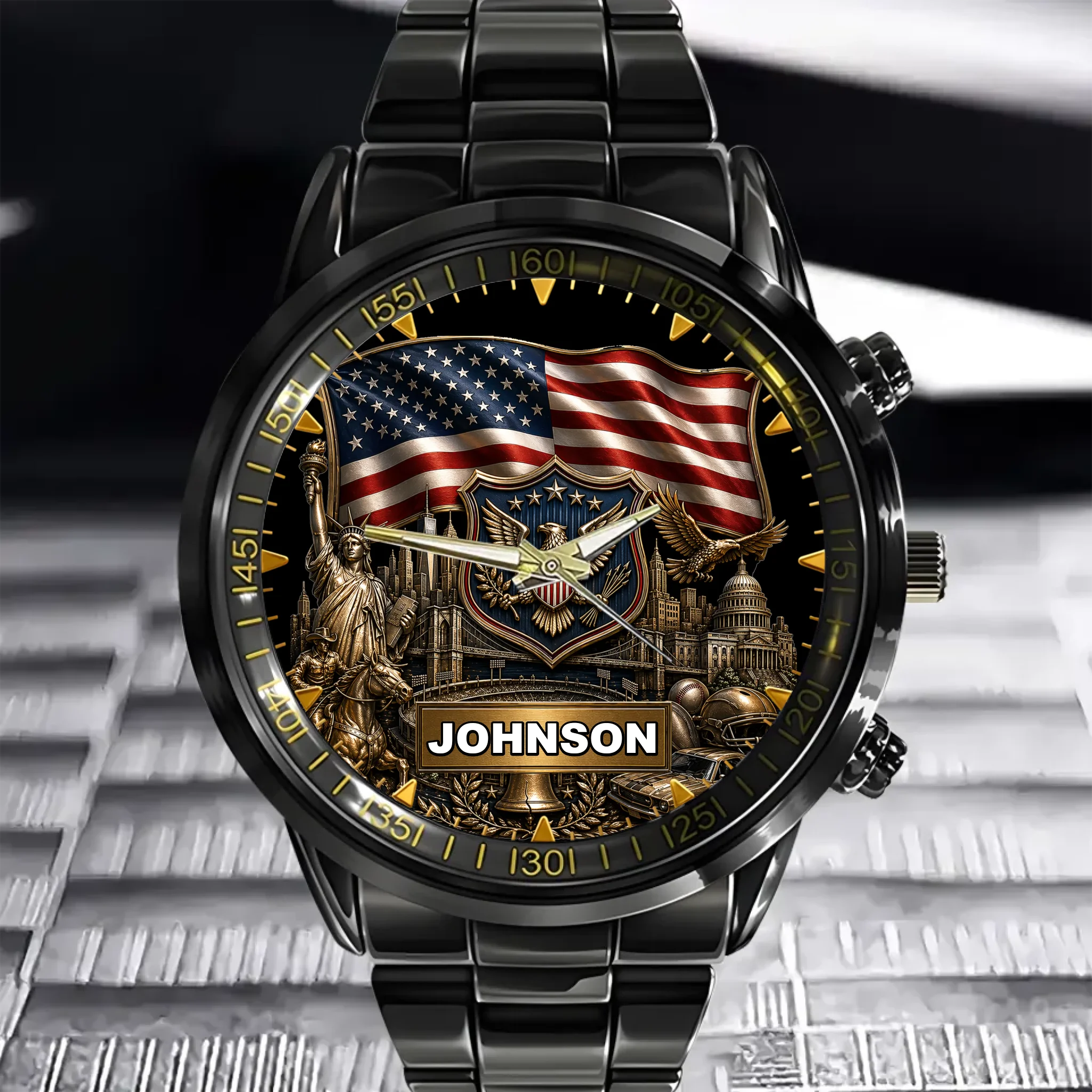 Custom American Heritage Watch - Personalized Name Flag & Eagle Emblem - Gift for Veterans, Patriotic Men, Soccer Fans, Sports Enthusiasts