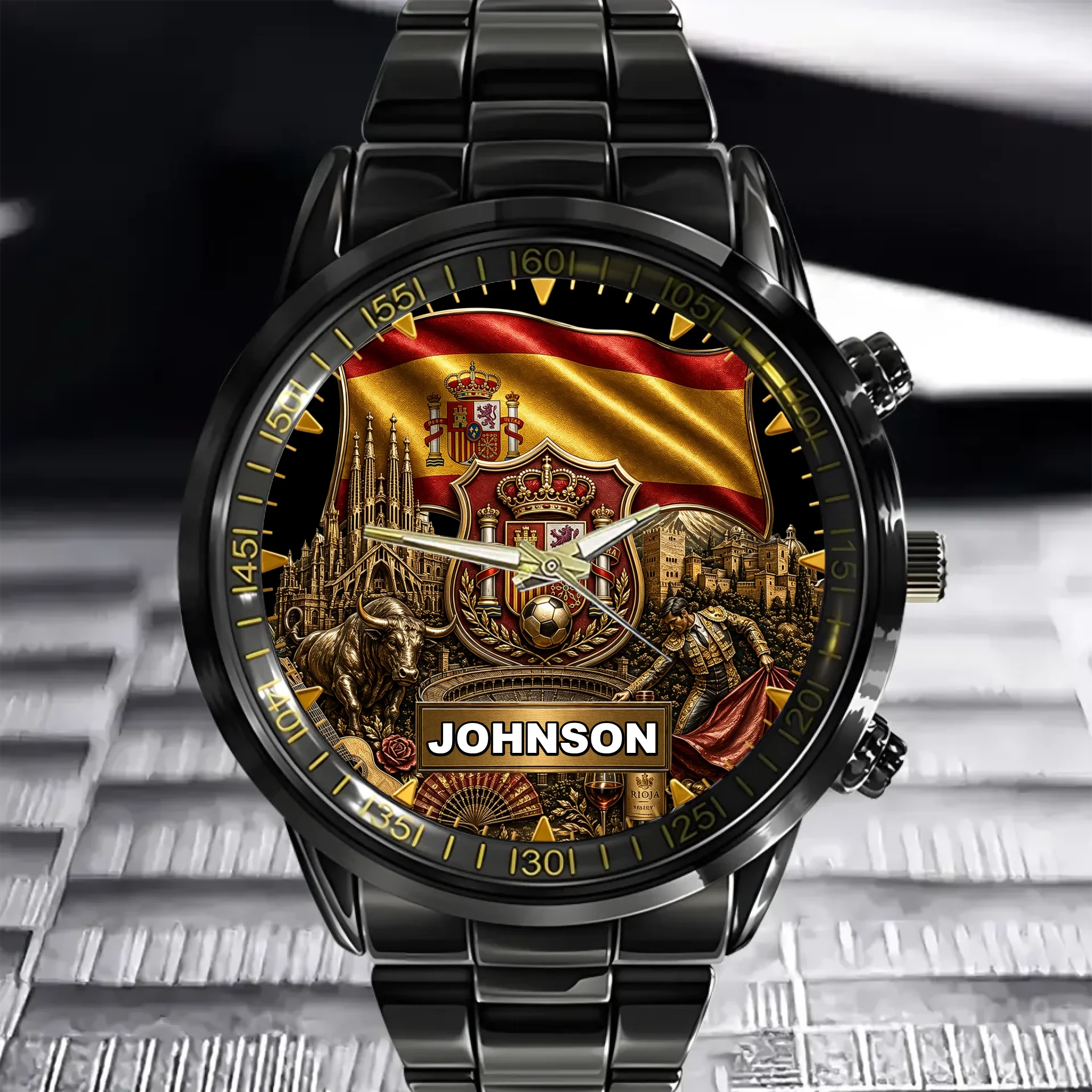 Custom Spain Heritage Watch - Personalized Name Spanish Culture Dial - Gift for Football Fans, Spain Lovers, Men