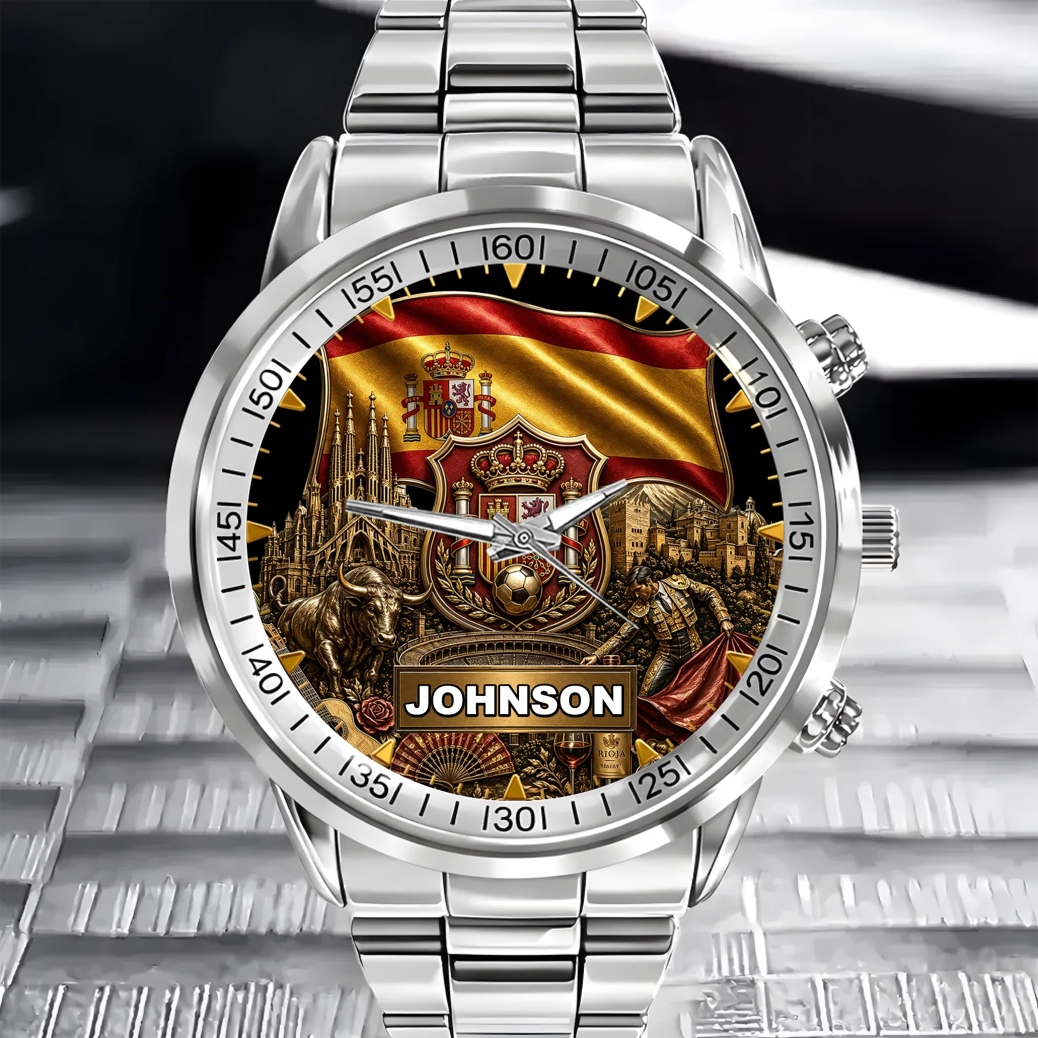 Custom Spain Heritage Watch - Personalized Name Spanish Culture Dial - Gift for Football Fans, Spain Lovers, Men