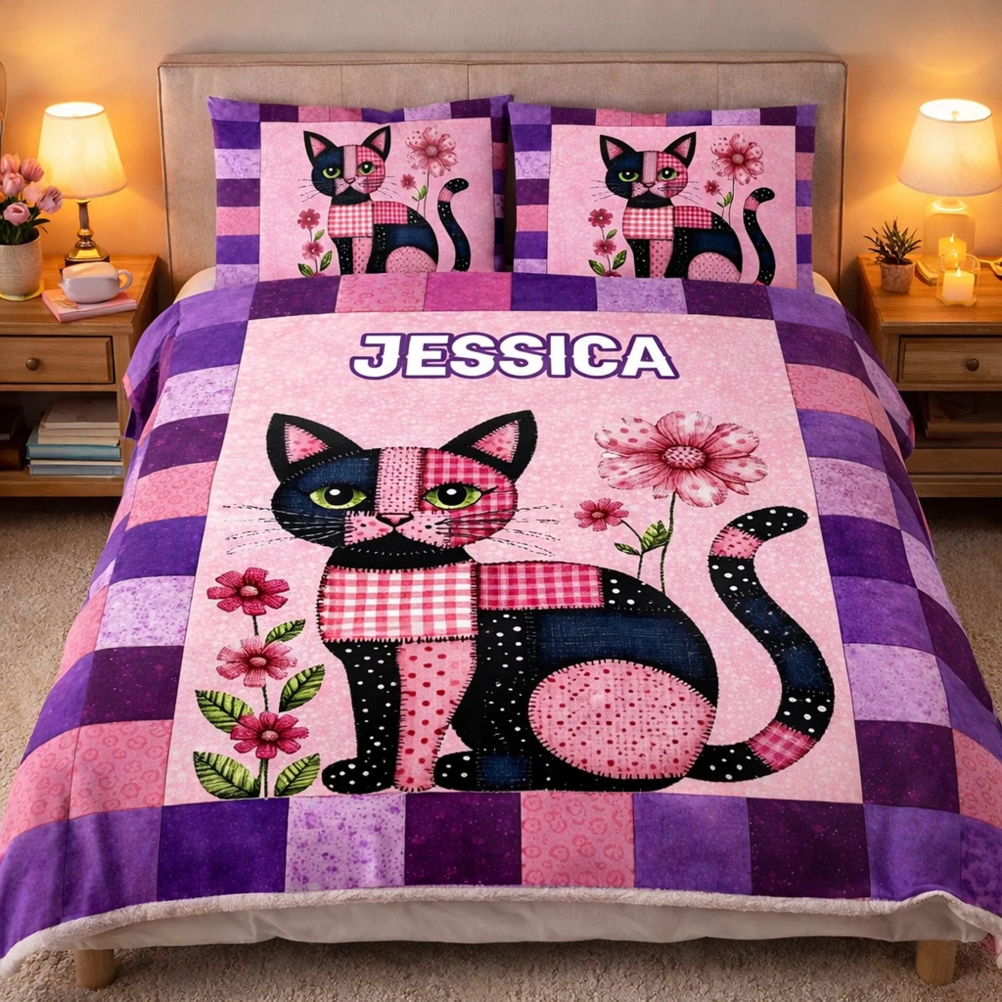 Custom Patchwork Cat Floral Bedding Set – Personalized Name Cute Quilted Cat Design – Gift for Cat Lovers, Daughter, Granddaughter, Friends