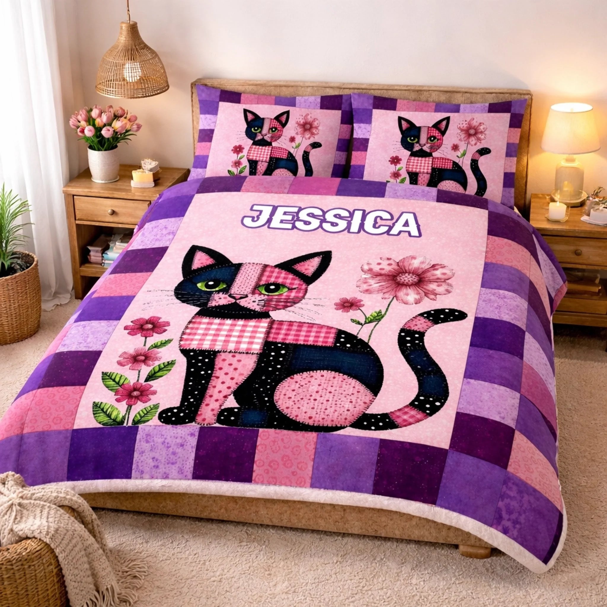 Custom Patchwork Cat Floral Bedding Set – Personalized Name Cute Quilted Cat Design – Gift for Cat Lovers, Daughter, Granddaughter, Friends