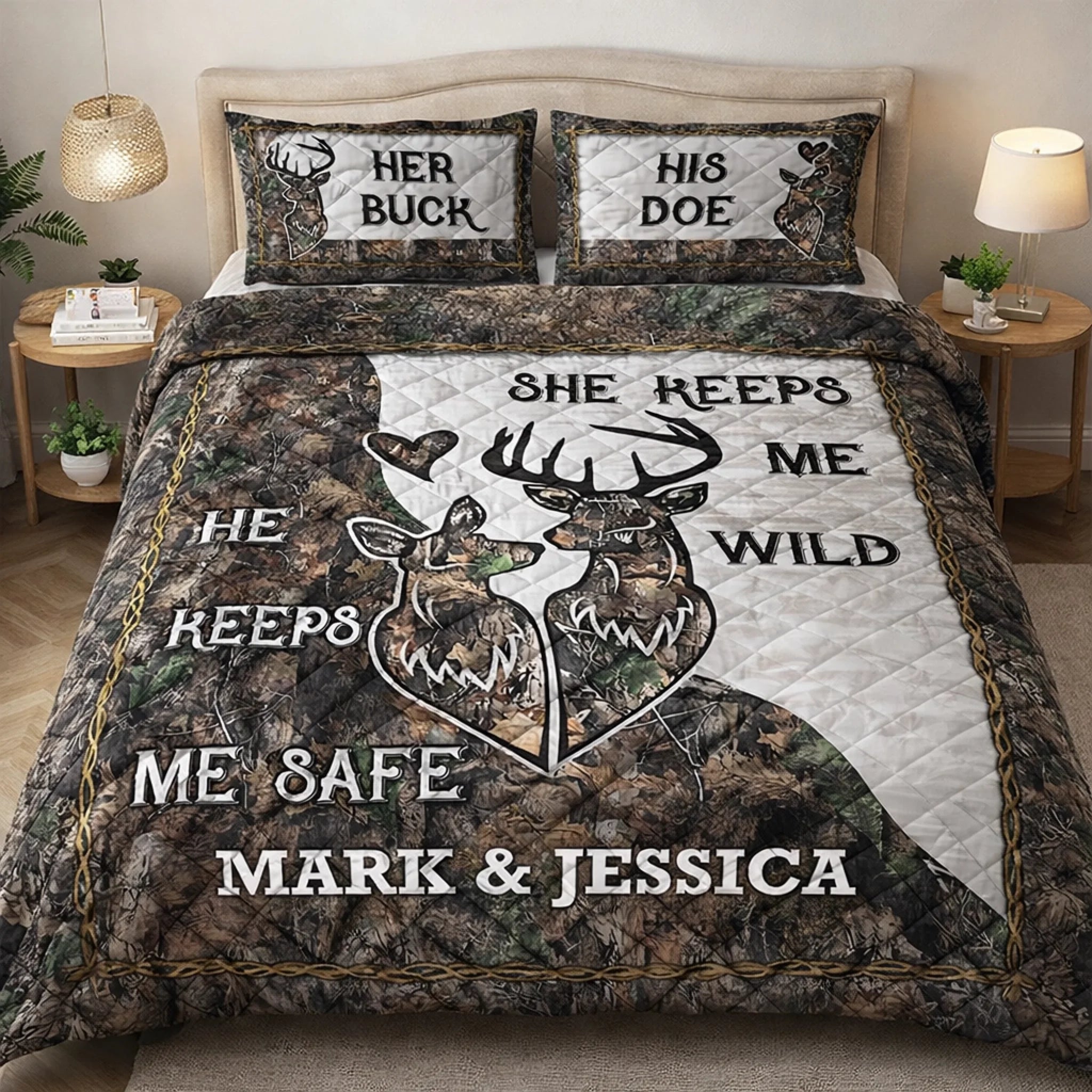 Deer Camo Old Buck Sweet Doe Customized Bedding Set – Personalized Names – Gift For Family, Couple