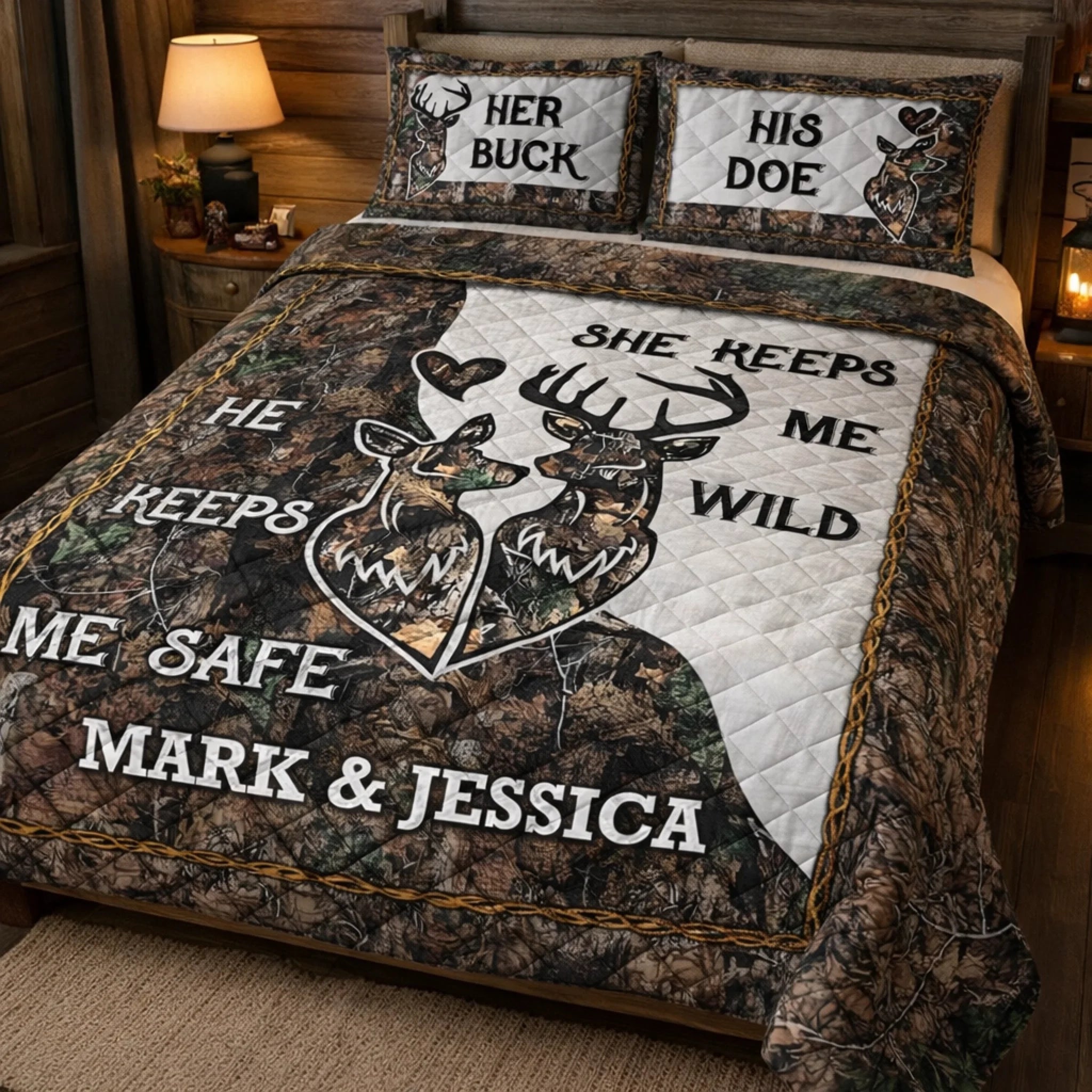 Deer Camo Old Buck Sweet Doe Customized Bedding Set – Personalized Names – Gift For Family, Couple