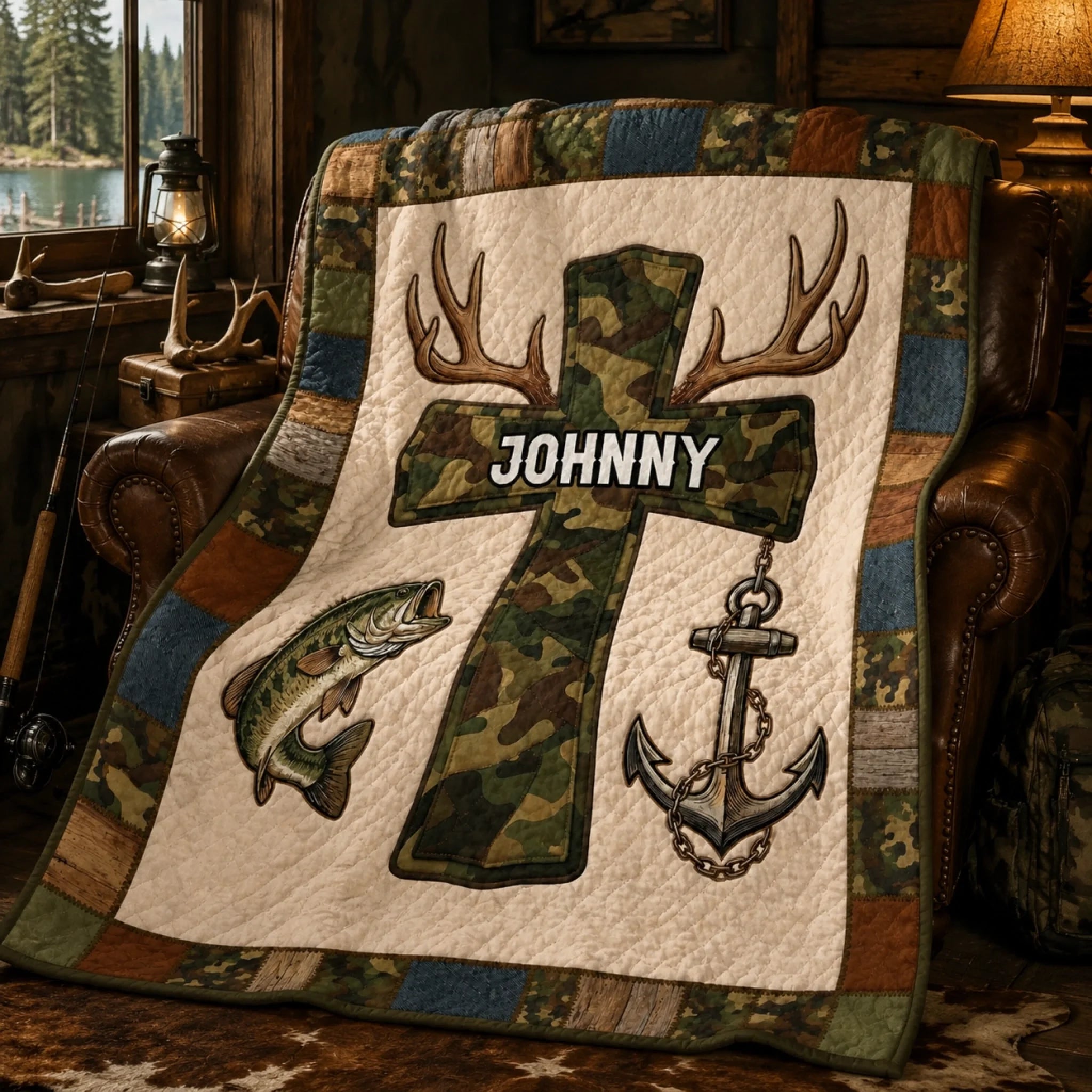 Faith And Outdoors Camo Cross Customized Blanket – Personalized Name - Gifts For Fishing Enthusiasts, Outdoor lovers