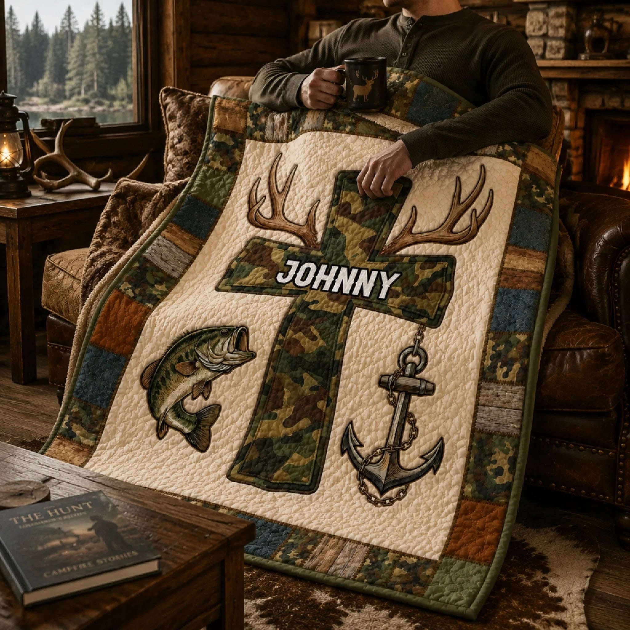 Faith And Outdoors Camo Cross Customized Blanket – Personalized Name - Gifts For Fishing Enthusiasts, Outdoor lovers