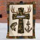 Faith And Outdoors Camo Cross Customized Blanket – Personalized Name - Gifts For Fishing Enthusiasts, Outdoor lovers