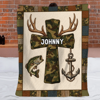 Faith And Outdoors Camo Cross Customized Blanket – Personalized Name - Gifts For Fishing Enthusiasts, Outdoor lovers