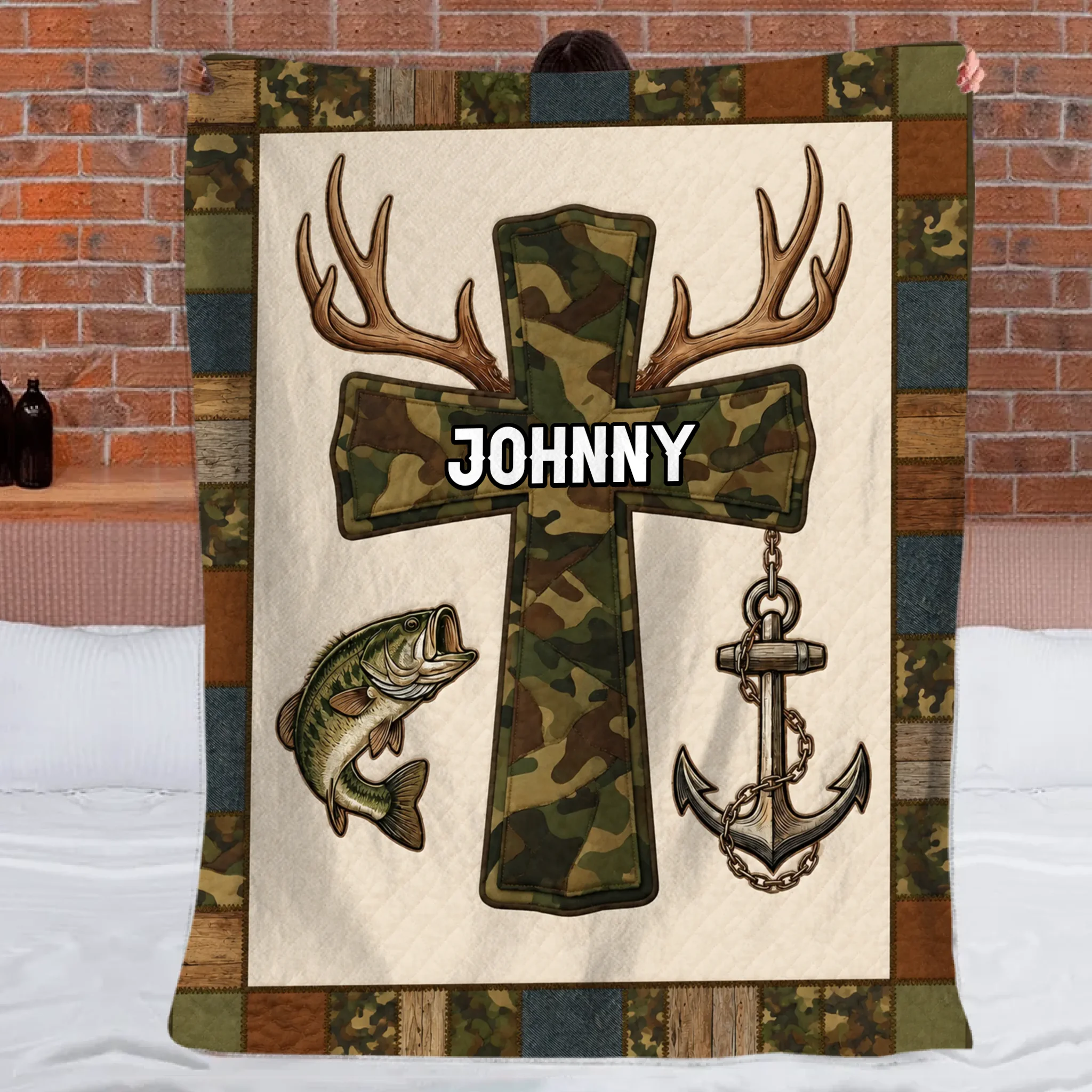 Faith And Outdoors Camo Cross Customized Blanket – Personalized Name - Gifts For Fishing Enthusiasts, Outdoor lovers