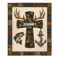 Faith And Outdoors Camo Cross Customized Blanket – Personalized Name - Gifts For Fishing Enthusiasts, Outdoor lovers