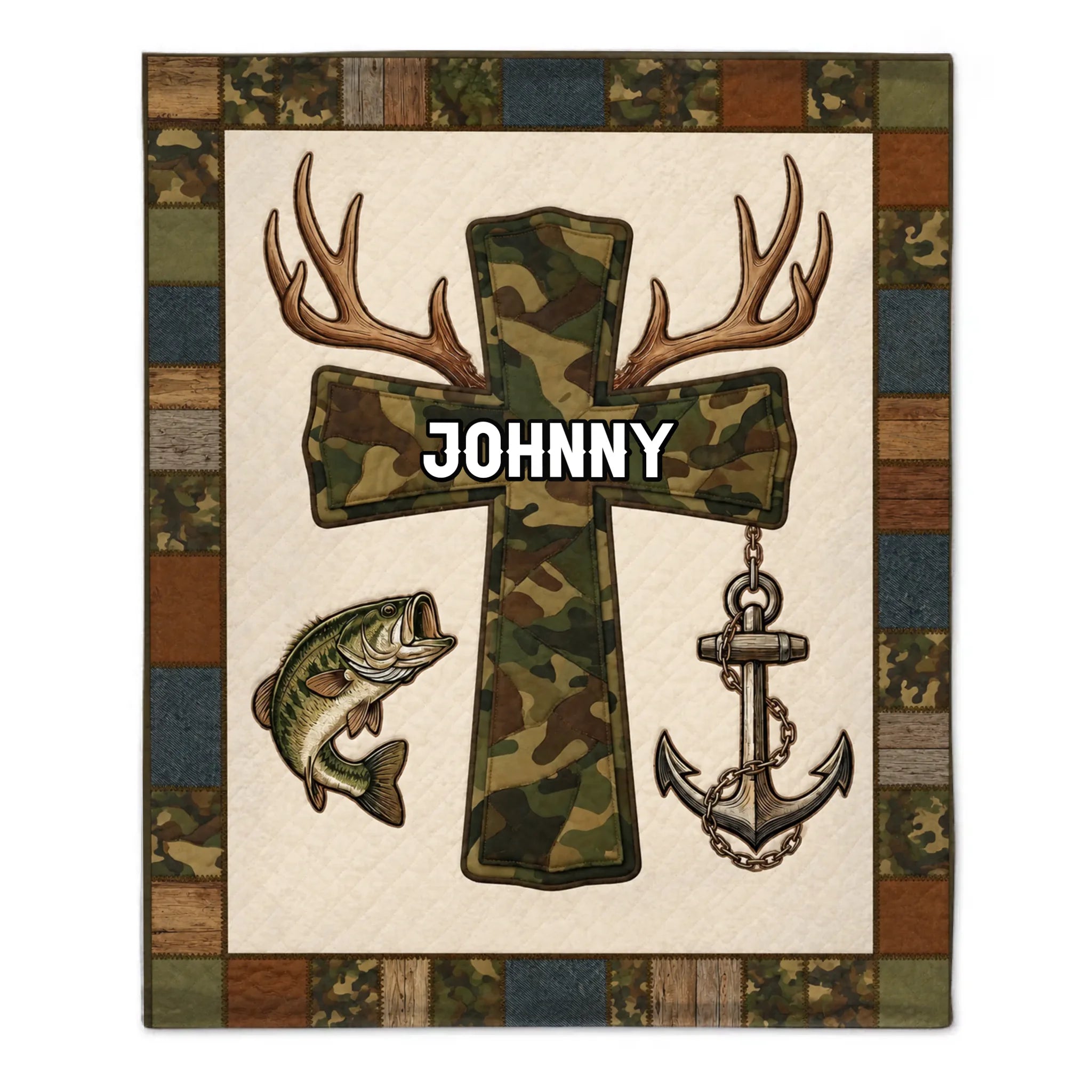 Faith And Outdoors Camo Cross Customized Blanket – Personalized Name - Gifts For Fishing Enthusiasts, Outdoor lovers