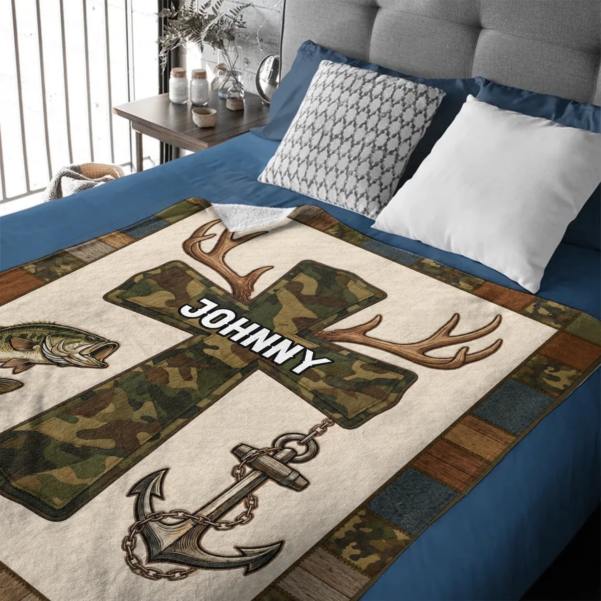 Faith And Outdoors Camo Cross Customized Blanket – Personalized Name - Gifts For Fishing Enthusiasts, Outdoor lovers