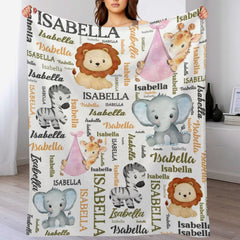 Free shipping✈️Personalized Pink Pocket Deer, Elephant, Zebra, Lion Animal Blanket With Colorful Names