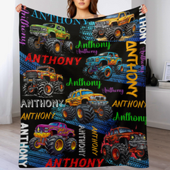 Monster Truck - Personalised Name Multi Colour Truck Pattern Blanket - A Gift For Child