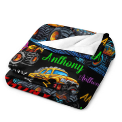 Monster Truck - Personalised Name Multi Colour Truck Pattern Blanket - A Gift For Child