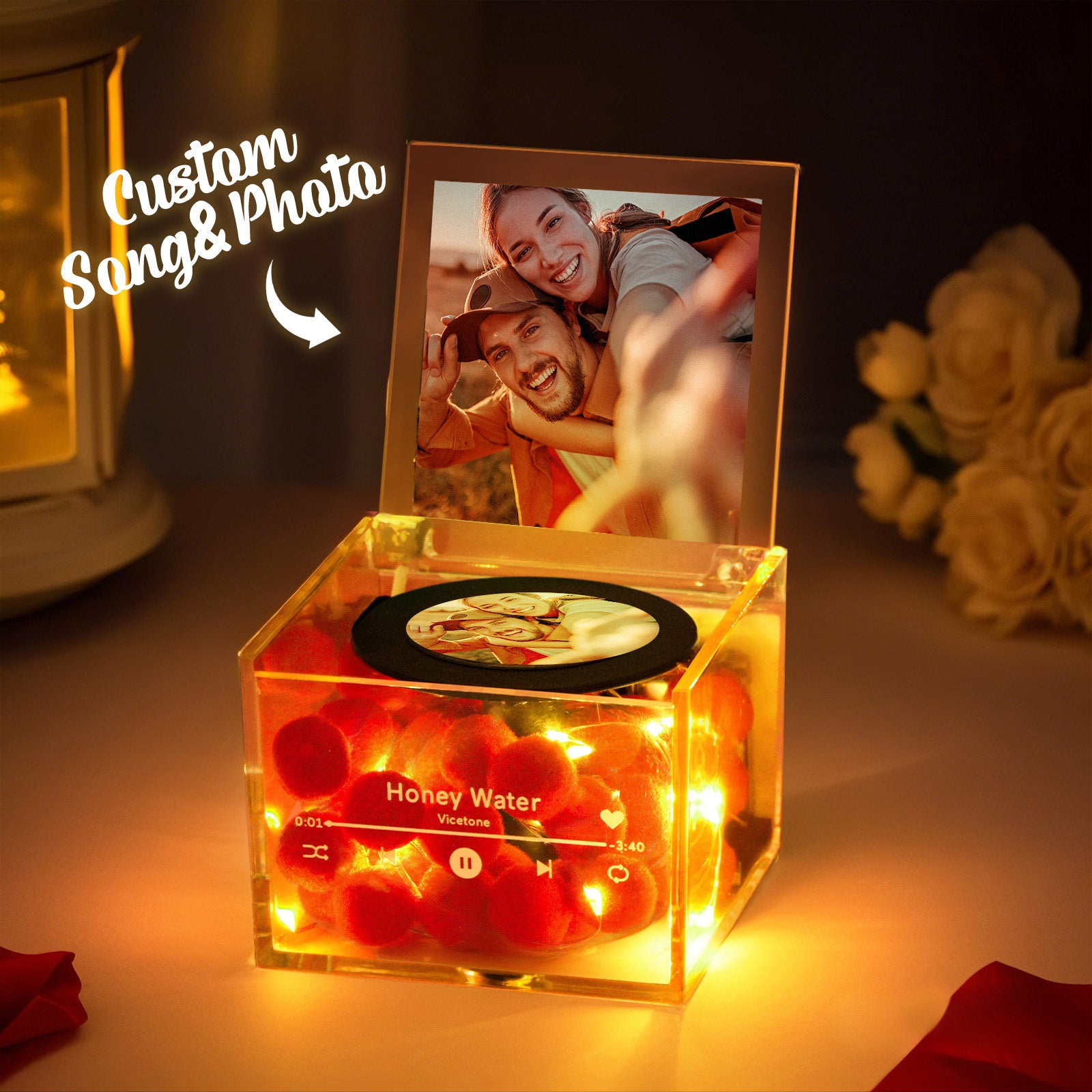 Custom Photo Mini Music Record Player with Light Personalized Music Acrylic Box
