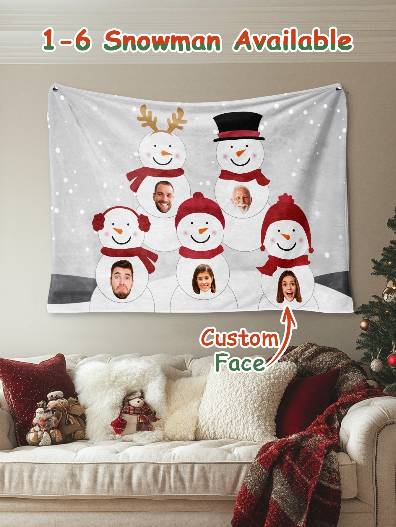 Custom Photo Tapestry – Personalized Faces Snowman Wall Hanging Blanket for Home Decor Christmas Gift