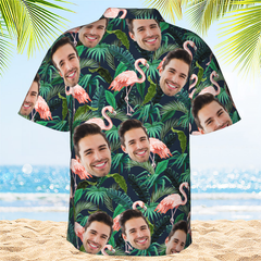 Personalized Hawaiian Shirt with Custom Face, Leaves and Flamingo Button Down Shirts