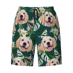 Hawaiian Shorts with Custom Face Personalized Dog Face Leaves & Flamingo Shorts