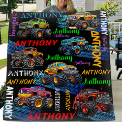 Monster Truck - Personalised Name Multi Colour Truck Pattern Blanket - A Gift For Child